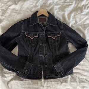Vintage Lucky Brand Dark Denim Jacket with Incredible Detail on the Back